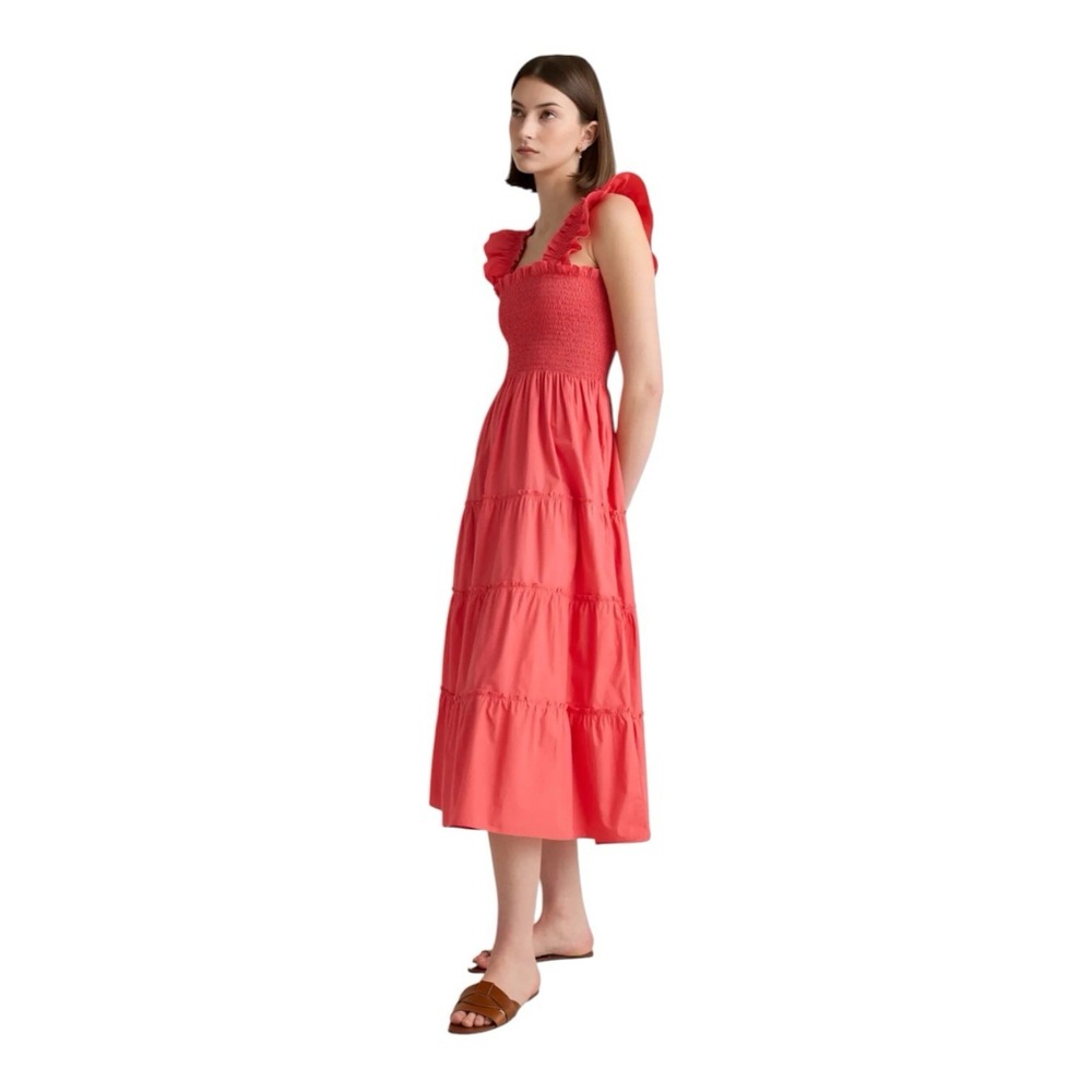 Quince Women 100% Organic Cotton Poplin Smocked Midi Dress Small Coral Stretch
